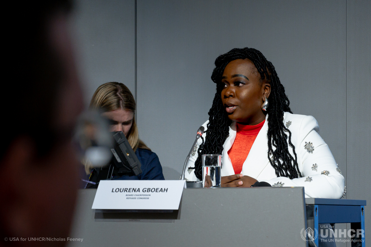 Lourena Gboeah hosts a panel at the Global Refugee Forum